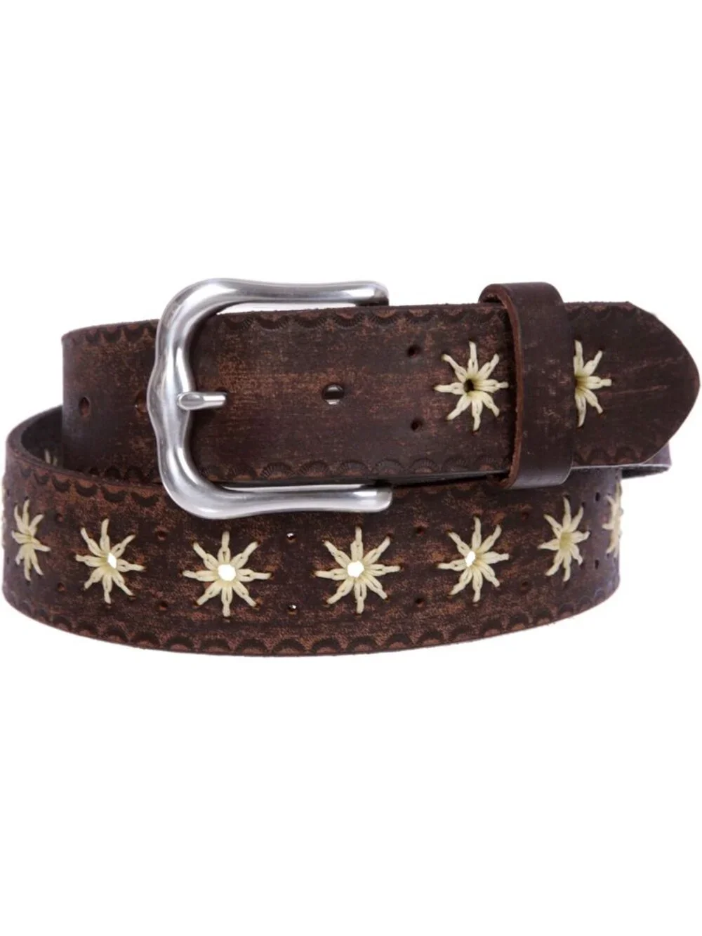 Vintage Embossed Sunflower Leather Belt - 1.5